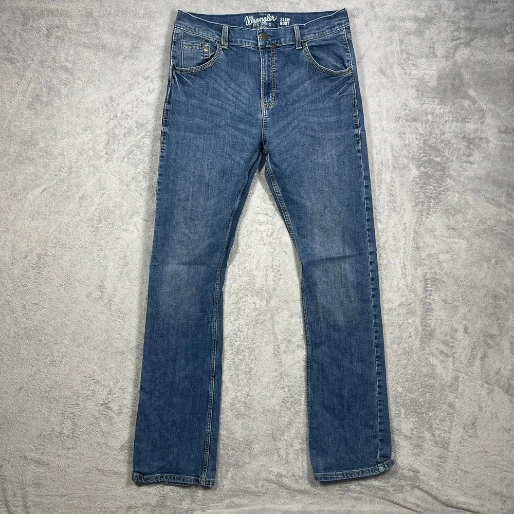 Wrangler Retro Slim Bootcut Jeans Mens 33(32)x34 Blue Stretch Denim